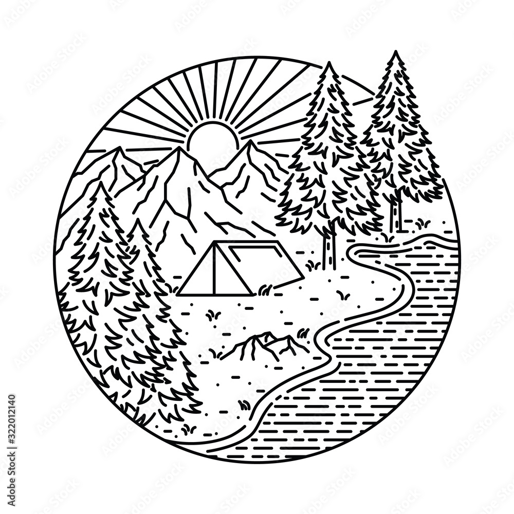 Lake Camp Hike Nature Wild Line Graphic Illustration Vector Art T-shirt Design
