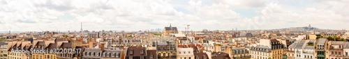 Panoramic view, aerial skyline of Paris on city center, Eiffel Tower, Sacre Coeur Basilica, churches and cathedrals, architecture, roofs of houses, streets landscape, Paris, France