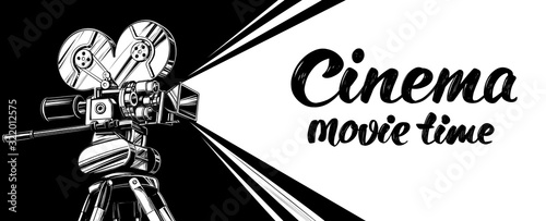 cinema logo festival, vintage old movie camera, , calligraphic text hand drawn vector illustration realistic sketch