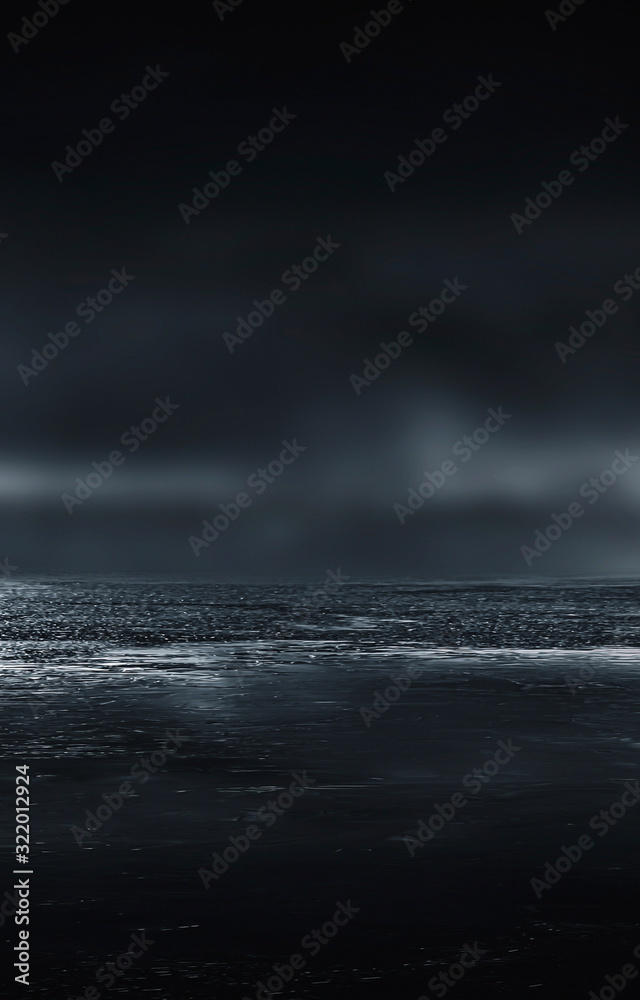 Futuristic empty night scene. Empty street scene background with abstract spotlights light. Night view light reflected on water. Smoke, fog, wet with reflection. 