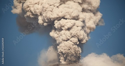 Violent volcanic eruption. Reventador volcano erupting in February 2020. The mountain is situated in a remote part of the Ecuadorian Amazon surrounded by rainforest. 