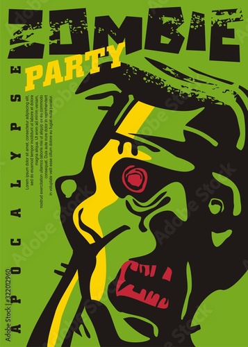 Zombie apocalypse party poster invitation design with zombie head on green background. Thematic event, horror movie festival or Halloween party flyer. Vector illustration. Living dead.