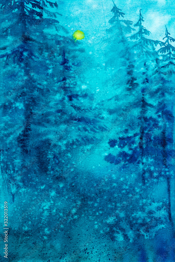 Fototapeta premium Watercolor illustration of a beautiful Russian forest at sunset