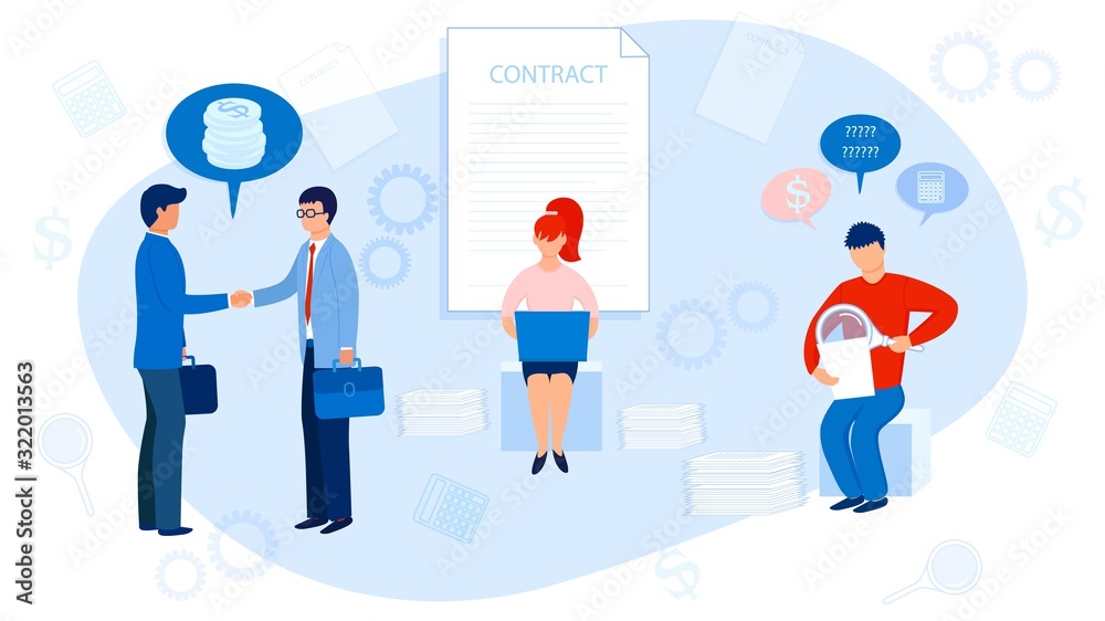 Conclusion of an agreement between partners, transaction, the girl prints the contract, the   auditor checks the passage of money, work in the same team. They sealed the deal with a   handshake. Vecto