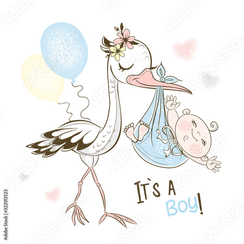 The stork brought the baby boy. Happy birthday. Baby shower. Vector.