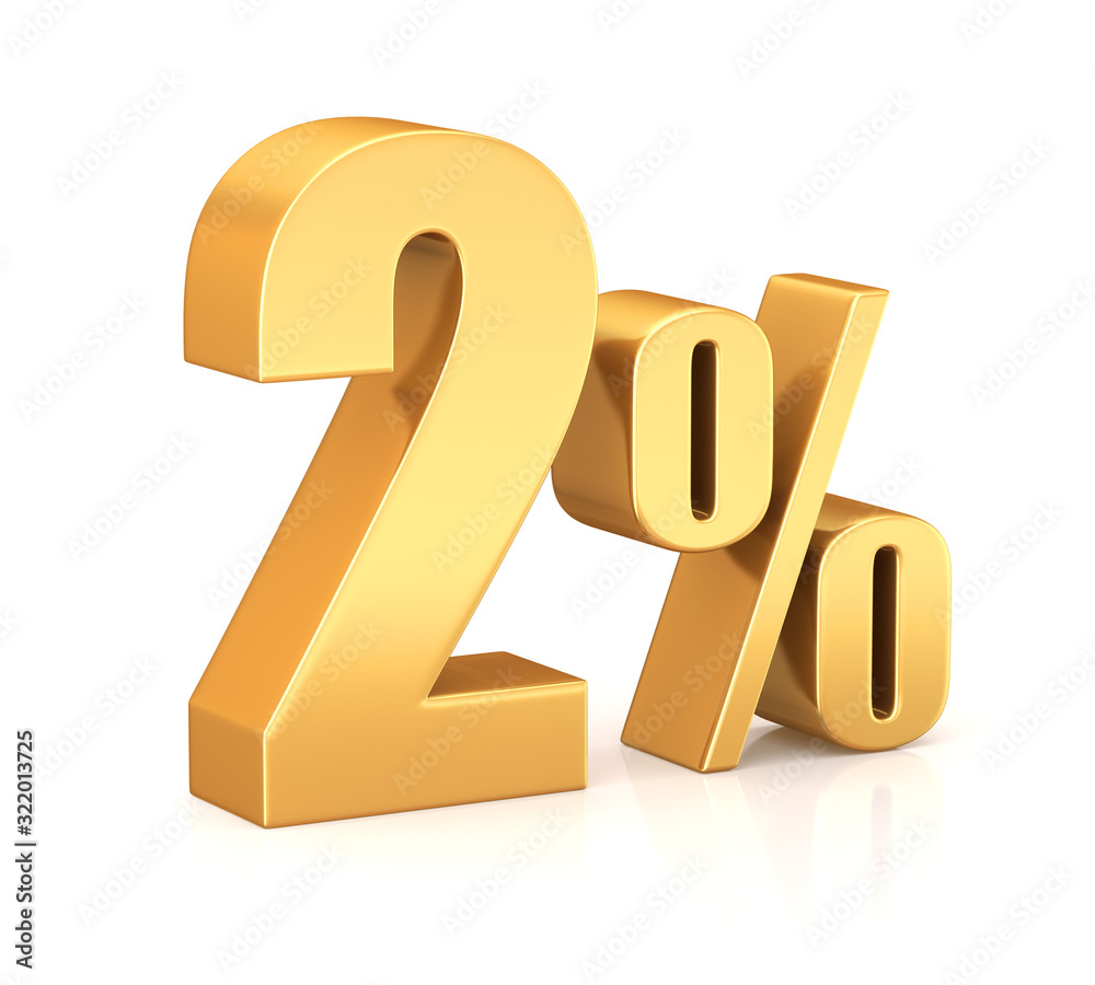 3d render illustration. Golden two percent on a white background. Illustration for advertising. 3d render illustration. Golden two percent on a white background. Illustration for advertising.