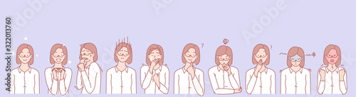 Womans emotions and facial expression set