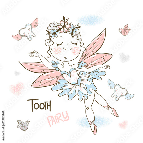 Cute tooth fairy flies with small teeth. Vector.