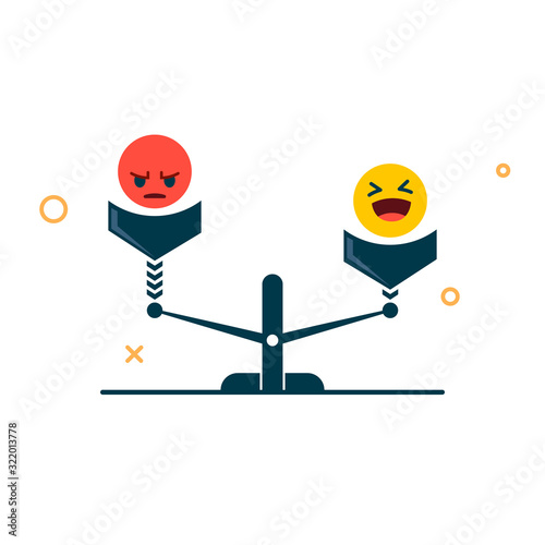 a good mood is better than a sad one. funny and angry smiley on the scales. vector symbol