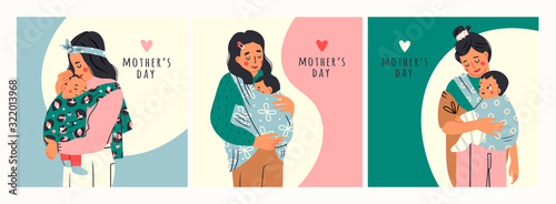 Set of three Cards. Ladies carrying their kids. Newborn Baby child in Sling feeling love and protection from his mother. Family, lifestyle concept. Happy Mother's Day. Hand drawn vector illustrations