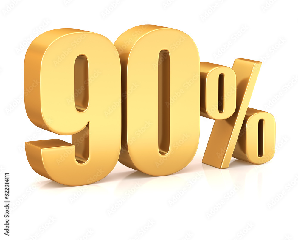 3d render illustration. Golden ninety percent on a white background.  Illustration for advertising.