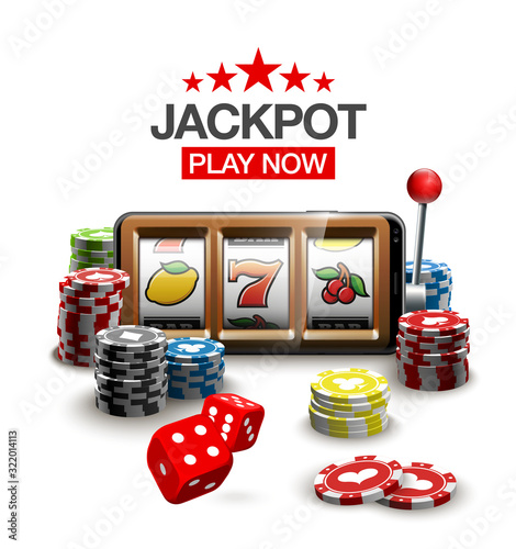 big win illustration Online Jackpot casino Slot machine banner in mobile phone. Chips, playing card, dice. Marketing Luxury Banner Jackpot Online Casino game Slot-machine in Smartphone play now poster