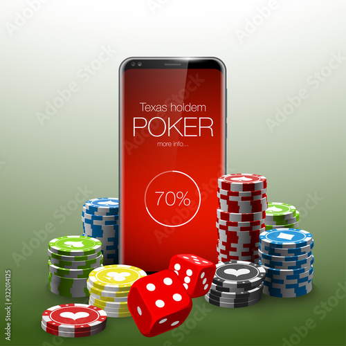 illustration Online Poker casino banner with a mobile phone, chips, playing cards and dice. Marketing Luxury Banner Jackpot Online Casino with New model Smartphone. Empty advertising poster.