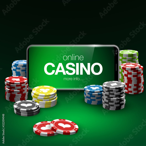 illustration Online Poker casino banner with a mobile phone, chips, playing cards and dice. Marketing Luxury Banner Jackpot Online Casino with New model Smartphone. Empty advertising poster.