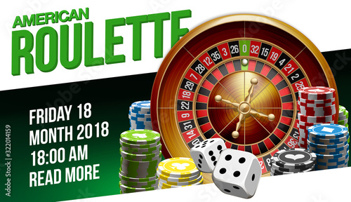 illustration Online Poker casino banner with american roulette on green surface table. Marketing Luxury Banner Jackpot Online Casino with classic roulette. Advertising poster with ribbon for text.