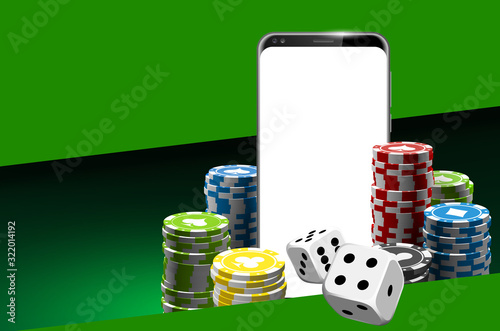 illustration Online Poker casino banner with a mobile phone, chips and dice. Marketing Luxury Banner Jackpot Online Casino with New model Smartphone. Empty advertising poster flat paper cloud for text