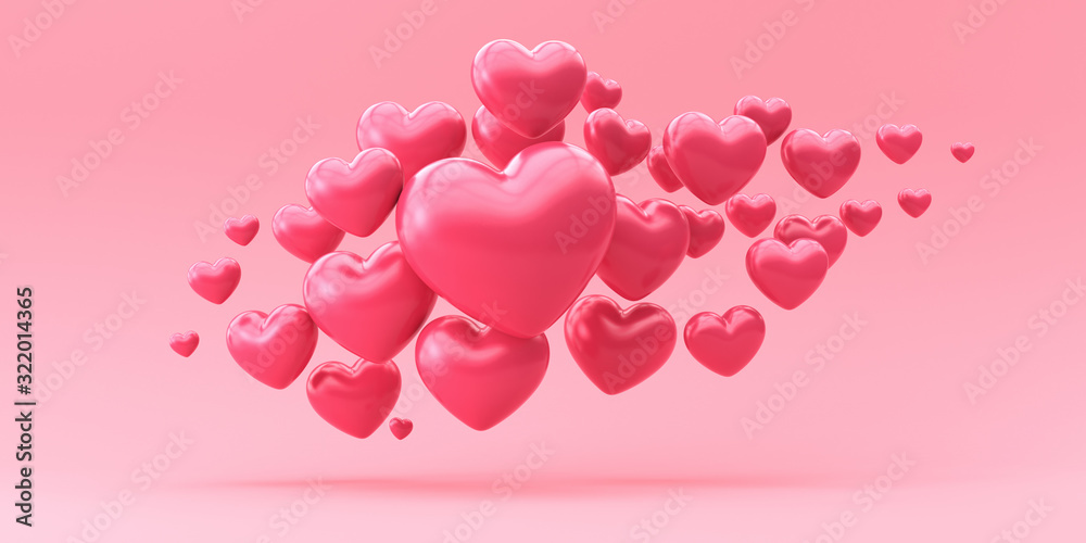 Many flying hearts on a pink background. 3d render illustration.