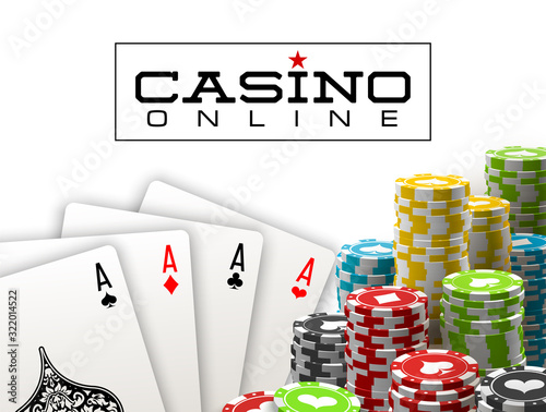 Stack of colored casino chips with playing cards isolated on a white background. Big win jackpot poker in Online web casino illustration. Realistic luxury fortune banner with playing cards games bet