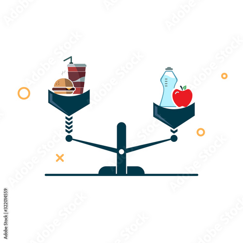 healthy eating and fast food. Healthy eating is better than fast food on the scales. vector illustration