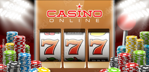 Illustration banner of mobile online casino application with 777 big win slot machine. Realistic advertising poster with online mobile app casino and Jackpot 777. Play now in One Armed Bandit banner