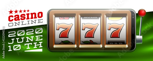 Illustration banner of mobile online casino application with 777 big win slot machine. Realistic advertising poster with online mobile app casino and Jackpot 777. Play now in One Armed Bandit banner