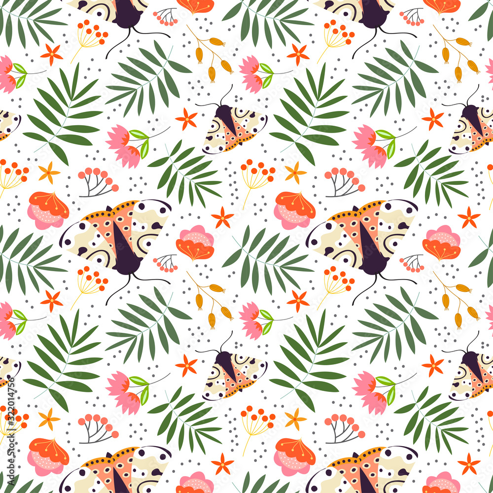 Seamless Floral Pattern with plants,flowers and moth in the white backdrop Seamless Floral Pattern with plants,flowers and moth in the white backdrop