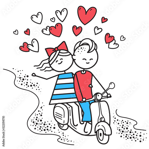 Happy girl with boy ride on gas moped scooter