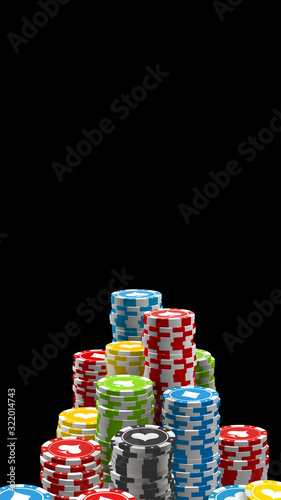 banner 3d realistic big stack poker chips isolated on black background with empty place for text. blank poster template with lucky big win. Jackpot online casino bet illustration