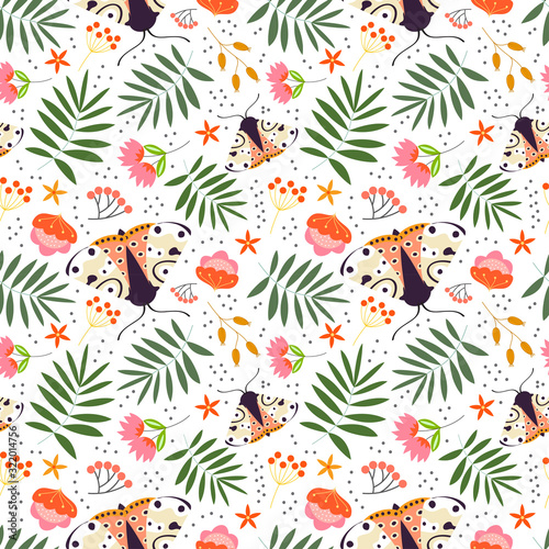 Seamless Floral Pattern with plants,flowers and moth in the white backdrop