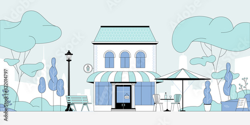 Outdoor cafe with umbrella in the park cityscape