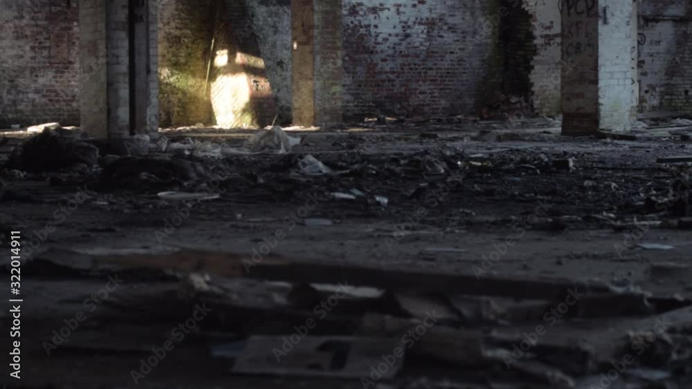 Derelict abandoned building wide shot with rubble Derelict abandoned building wide shot with rubble