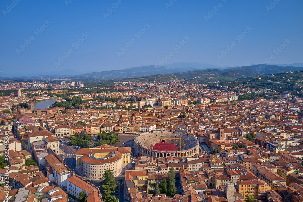 Verona Arena aerial panoramic view. Arena is a Roman amphitheatre in Piazza Bra, Italy.	