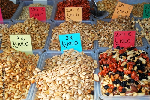 Dried fruit and nuts stall at the outdoor market, Fuengirola, Spain.