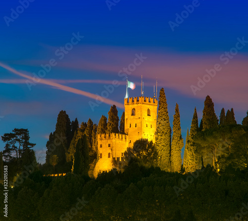 castle of Conegliano at night, after sunset scene. Italy