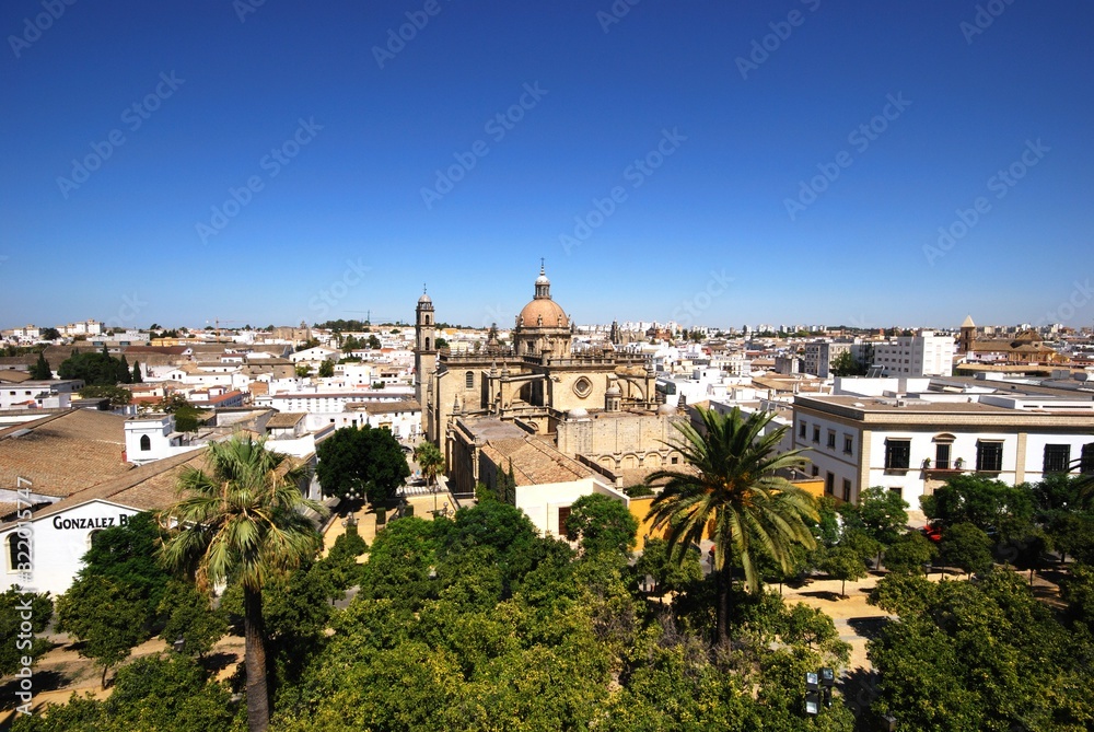 Elevated view of the city with San Salvador Cathedral to the centre, Jerez de la Frontera, Spain.