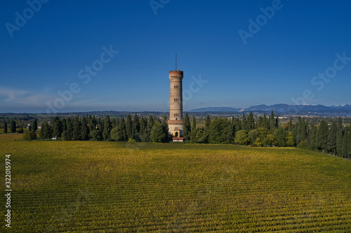 Tower of San Martino della Battaglia, Italy. Autumn season, tower surrounded by vineyards, blue sky