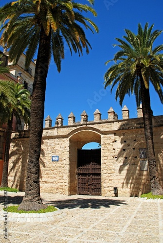 Fototapeta Naklejka Na Ścianę i Meble -  Wall with battlements and large gate in the castle courtyard (Patio de Armas), Jerez de la Frontera, Spain.