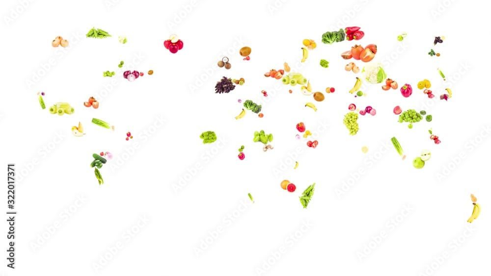 World map from different fresh fruits and vegetables, isolated on white, stop motion World map from different fresh fruits and vegetables, isolated on white, stop motion