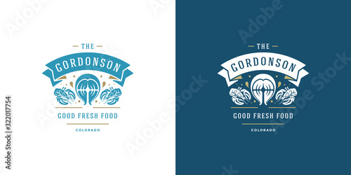 Seafood logo or sign vector illustration fish market and restaurant emblem template design fish fillet steak silhouette