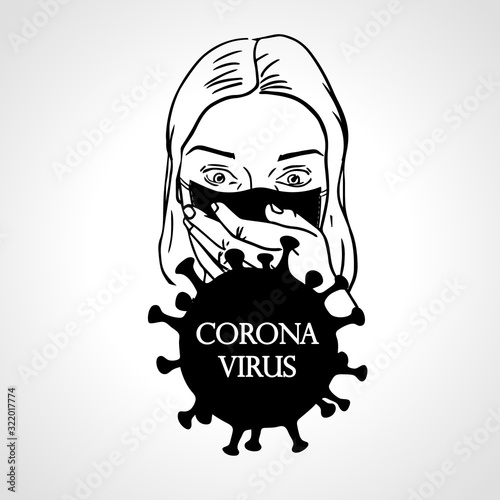 Young woman face in respiratory protective mask and coronavirus cell disease. Coronavirus flu. Dangerous cases of flu. Medical health risk. Vector illustration