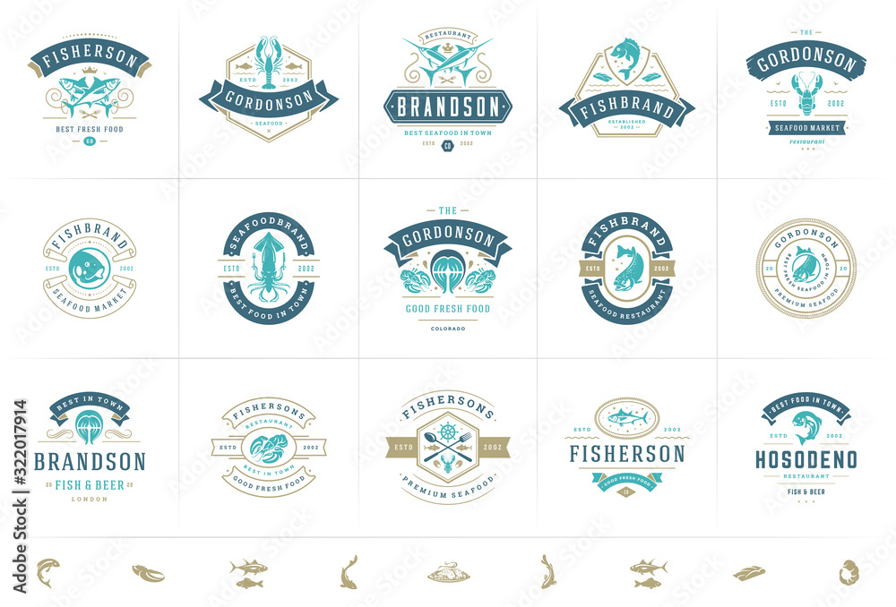 Seafood logos or signs set vector illustration fish market and restaurant emblems templates design