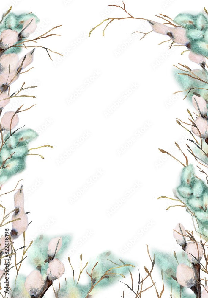 Obraz premium Watercolor set with fluffy pussy-willow and tulips easter frames. Suitable for greeting cards, valentines, easter cards, invitations, stationery