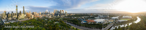 Melbourne Australia February 2nd 2020   Sweeping aerial panorama of the city of Melbourne  Yarra River and through to AAMI stadium at dawn