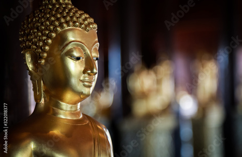 Selective focus  close-up shots of of the Buddha images with soft light and layout design for a beautiful religious background. © Ping198