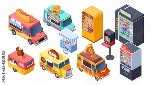 Fast food sale. Isometric vending machine, street food trucks and carts. Selling hot dogs pizza snacks. 3d isolated vector set. Illustration street food, fast delivery truck collection