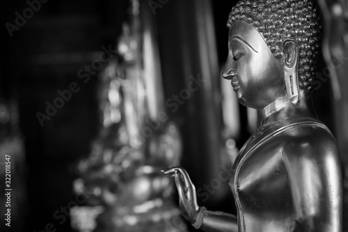 Selective focus close-up shots of of the Buddha images with soft light and layout design for a beautiful religious background.