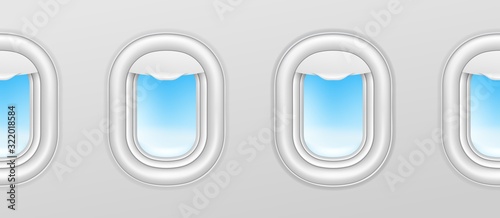 Aircraft windows. Airplane illuminators, plane portholes seamless vector exterior with blue sky outside. Illustration plane flight, view interior with porthole