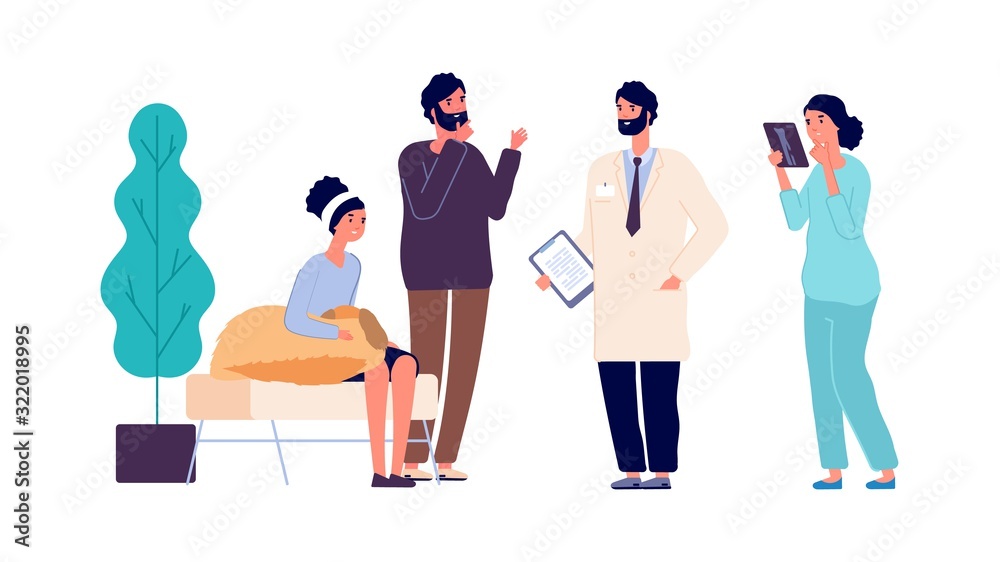 Veterinarian consultation. Vet clinic doctors help people with dog. Woman  hugs her pet and man talk with medical team. Vector animal healthcare  illustration. Pet veterinary, doctor help dog Stock Vector | Adobe