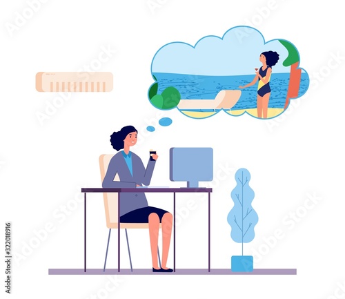 Dreaming woman. Office girl dreams about beach vacation vector concept. Illustration office girl dream about beach