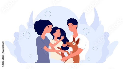 Happy young family. People adopting dog, mother and father, daughter and pet vector illustration. Animal adopt, dog and family